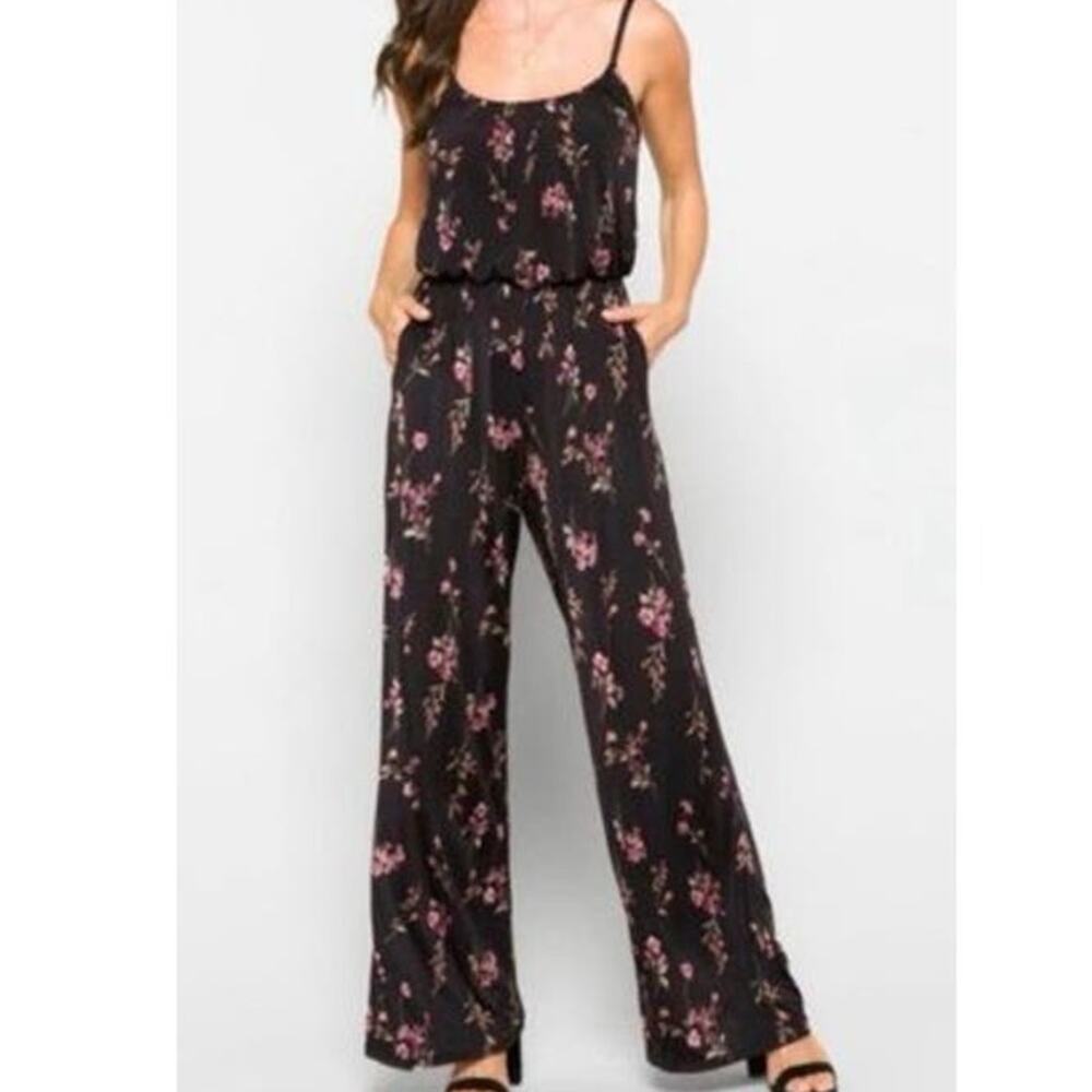 Kaileigh Women's Size Small Adalia Knit Black Floral Wide Leg Jumpsuit‎